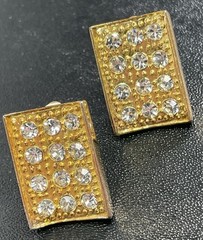 Vintage 1.1” Crystal Rhinestone Gold Tone Metal Rectangle Clip Earrings