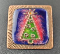 Enamel Christmas Tree Brooch Square Copper Colored Metal Textured