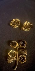 Goldtone Black Rose Brooch And Clip On Earrings