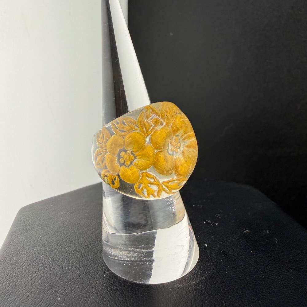 Vintage Reverse Carved Ring Yellow Lucite Flowers Size 6