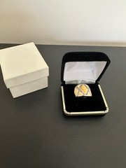 Vintage Art Deco 18KT H.G.E. Rhinestone Yellow Enamel Wide Band Ring Size 7.5-8.