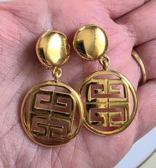 Vintage Givenchy 4G Logo Dangle Drop Clip On Earrings Gold Tone 1980s Signed