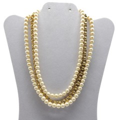 Givenchy Vintage Gold Faux Pearl Triple Strand Necklace Greek Key Clasp 18 Inch