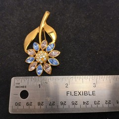 1960s Style Floral Pastel Blue & Pink Rhinestone Flower Brooch