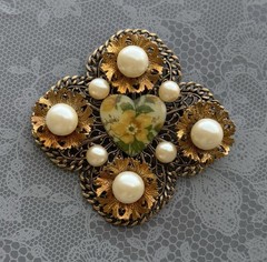 Vintage Flower /Heart Cameo Up Cycle handcrafted / filigree brooch