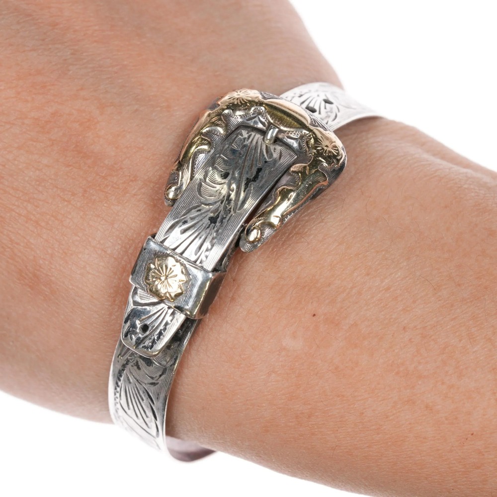 6.25″ Adjustable Fritch Bros 10k gold/Sterling silver hand engraved bangle brac