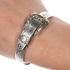 6.25″ Adjustable Fritch Bros 10k gold/Sterling silver hand engraved bangle brac