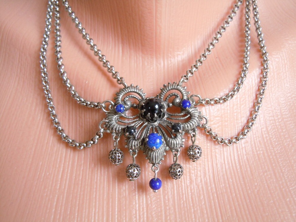 Necklace Collar Colored Stones Blue Metal Silver Tone 23.6 G/Adjustable 34-39 Cm