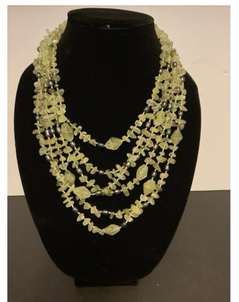 Tourmalinated Green Prehnite 6 Multi Strand Nugget Necklace with Gray Freshwater