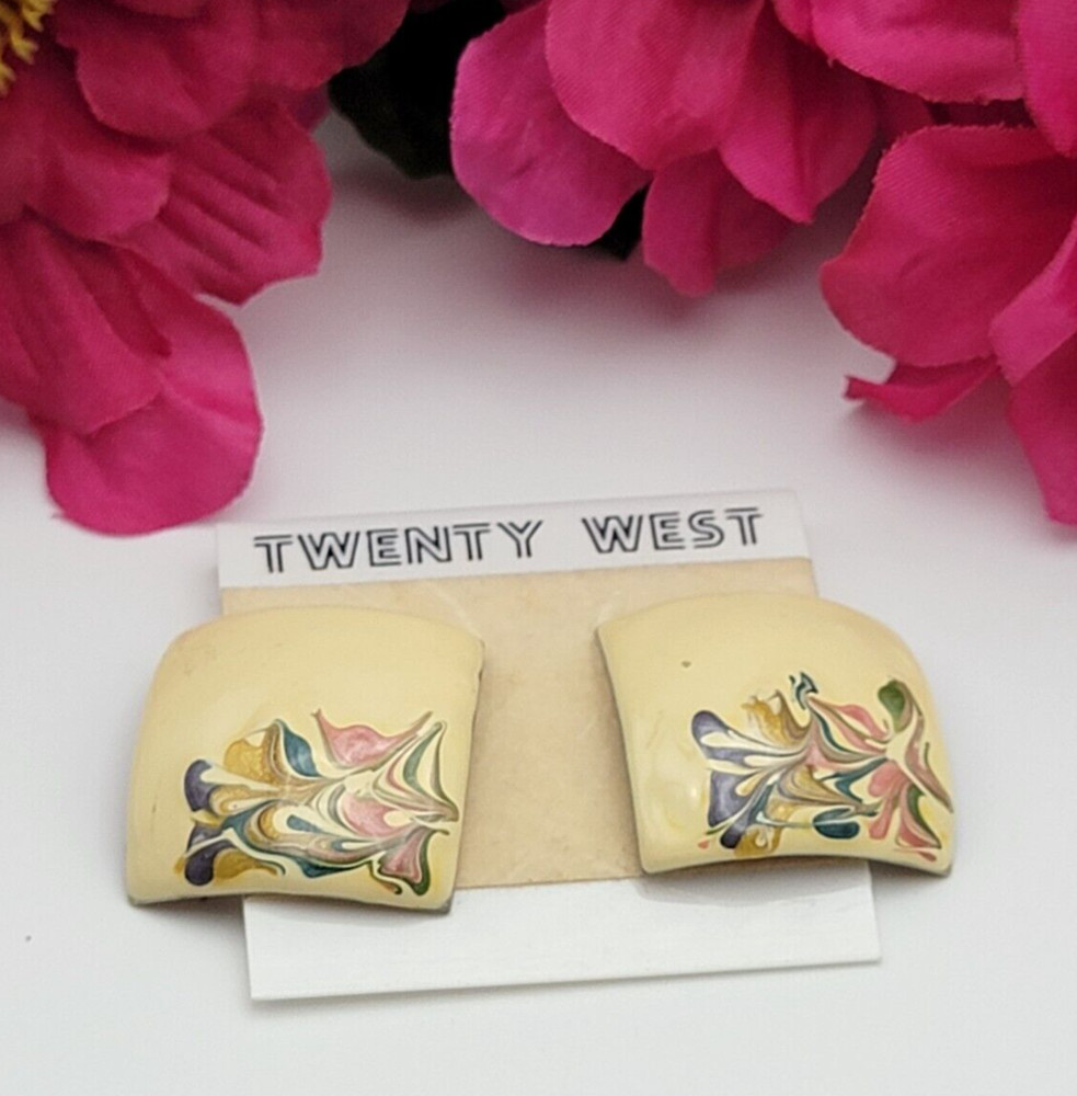 Vintage Floral Enamel Stud Earrings Beige/Multicolor Square Pierced Twenty West