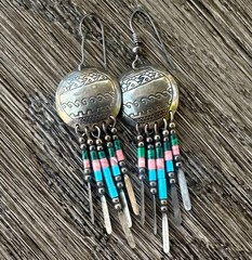 Southwestern Dangle Earrings Turquoise Coral Bead Fringe Vtg Sterling Silver #7