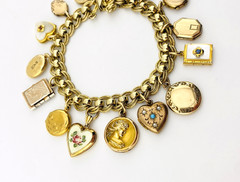 Vintage Gold Filled Locket Charm Bracelet 14 Lockets 1 Fob Hearts Book Enamel