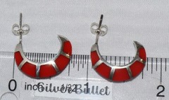 Vintage Southwestern Style Sterling Silver Coral Inlay Half Hoop Post Earrings