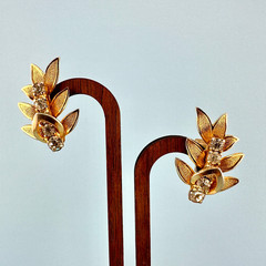 Vintage Rhinestone Earrings Gold Tone Leaf Branch Climber Clip On Dimensional