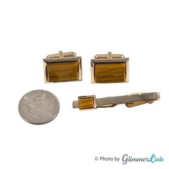 Vintage Swank Brown Tiger’s Eye Rectangular Gold Tone Cufflinks & Tie Bar Set