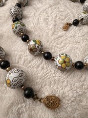Vintage Chinese Export Cloisonné Beaded Necklace Black Green Floral Enamel 32”