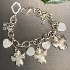 Love Hope Faith Angels Mother of Pearl Hearts Vintage Charm Blue Enamel Bracelet