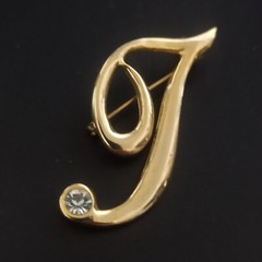 Vintage Brooch Letter I/J Name Initial Pin Gold Tone Rhinestone VTG Gift Retro