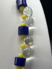 Vintage Antique Necklace Hand Knotted Clear Blue & Yellow Glass Beads #595