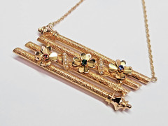 UNIQUE & Pretty 14k Textured & Floral 4 Bar Simulated Gem Pendant 17.5″ Necklace