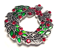 Estate Antiqued Silver Tone & Red Rhinestone Christmas Wreath Pin / Brooch