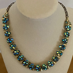VTG Signed LISNER Blue/Teal AB Crystals Gold Tone Choker/Necklace-16″