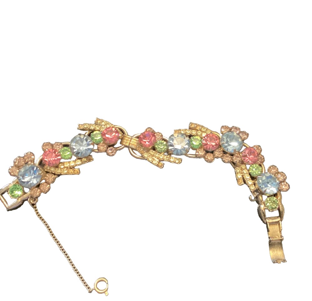 Rare Julianna Vintage D &E Vintage Pink &Blue Rhinestones On Clasp 5 Link Brac