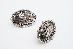 Vintage Clip On Earrings Silver Tone Molded Stone