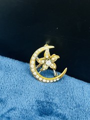 Antique Gold Filled Crescent Moon Flower Seed Pearl Lady’s Pocket Watch Brooch