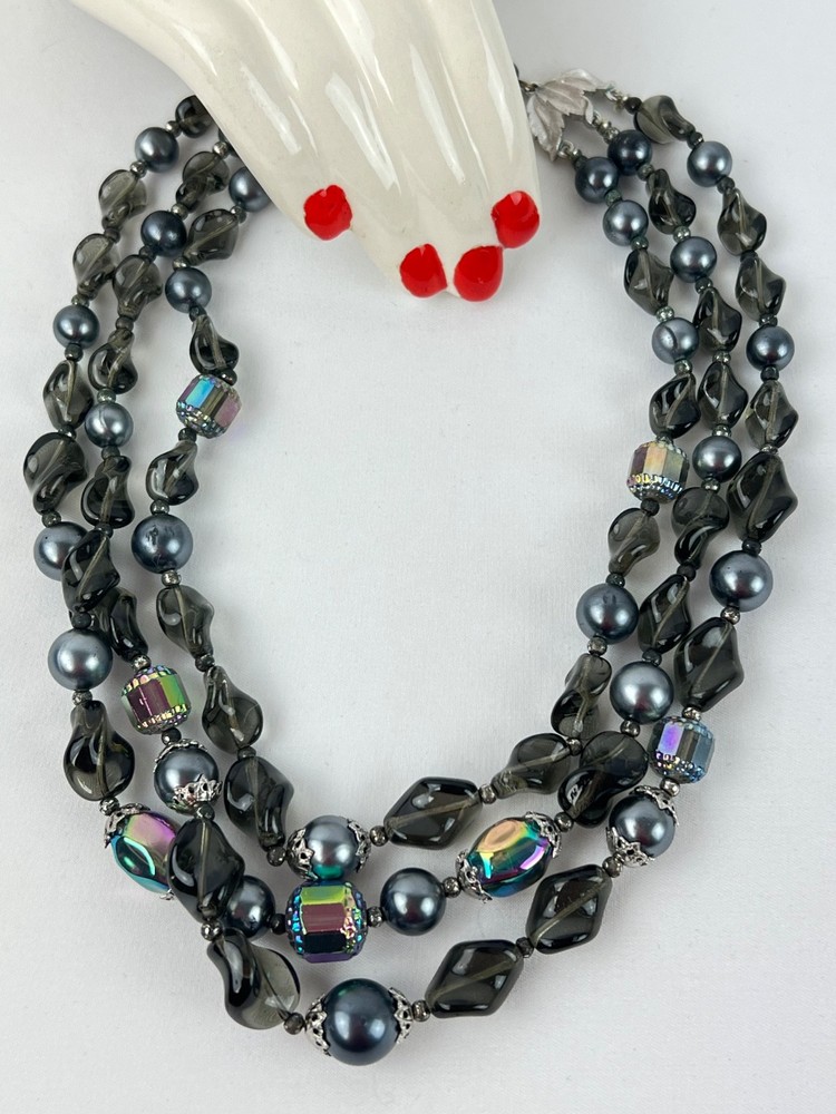 Vintage Crown Trifari 3 Strand Gray Black Iridescent Irregular Beaded Necklace