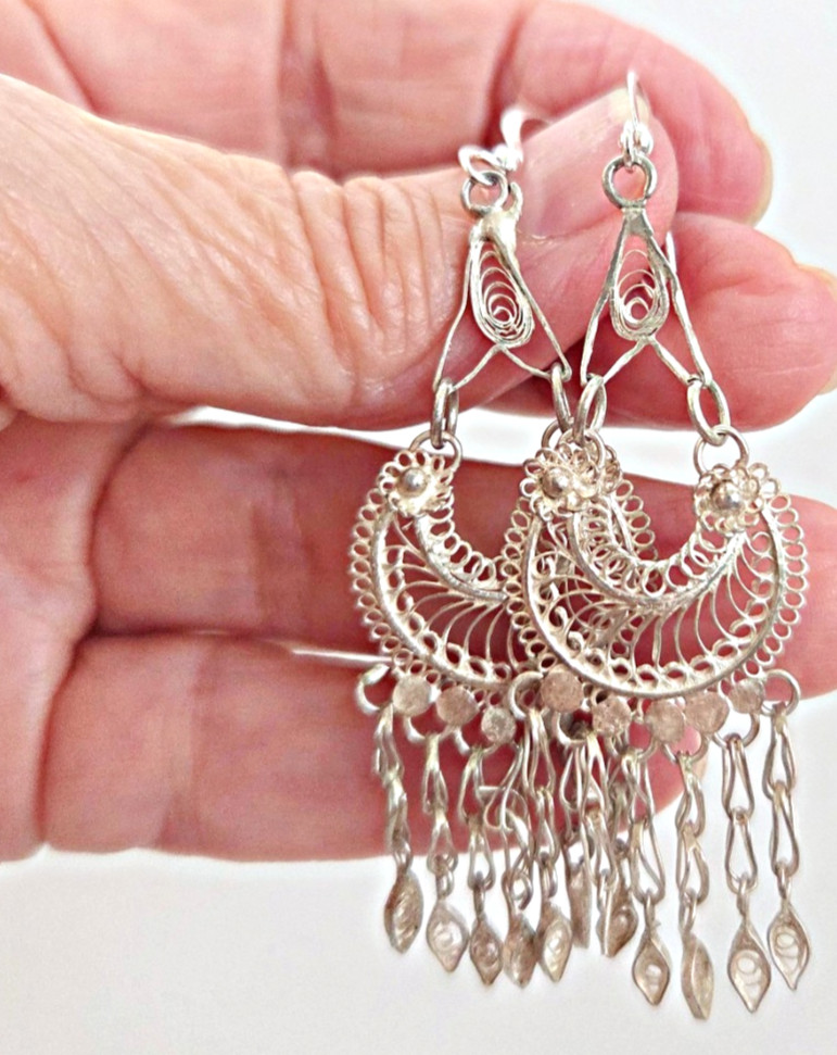 Vintage Sterling Silver Chandelier Earrings 70’s Hippie Artisan Boho Earrings