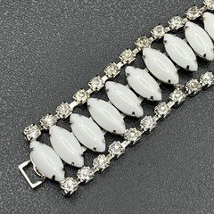 Mid-Century White Milk Glass & Rhinestone Bracelet, Silver-Tone, 1950s
