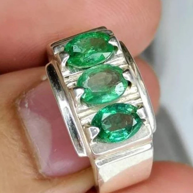 Natural Sawati Emerald Ring Three Stones Punjsher Emerald Ring Sterling Silver
