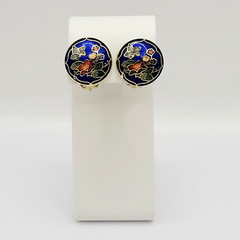 Cloisonné Small Butterfly & Flowers Round Blue Enamel Gold Tone Clip On Earrings