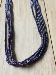 Natural Nepal Glass Seed Bead Multi Strand Necklace. Iridescent Peacock Blue 22″