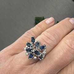 Vintage Spray Ring Estate Fine Jewelry Sz 7 18K White Gold Plated Blue Marquise
