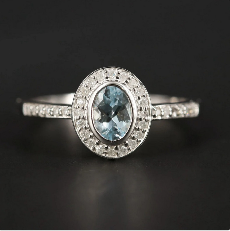 1.Ct Art Deco Style Lab-Created Aquamarine & Diamond Halo Engagement Sliver Ring