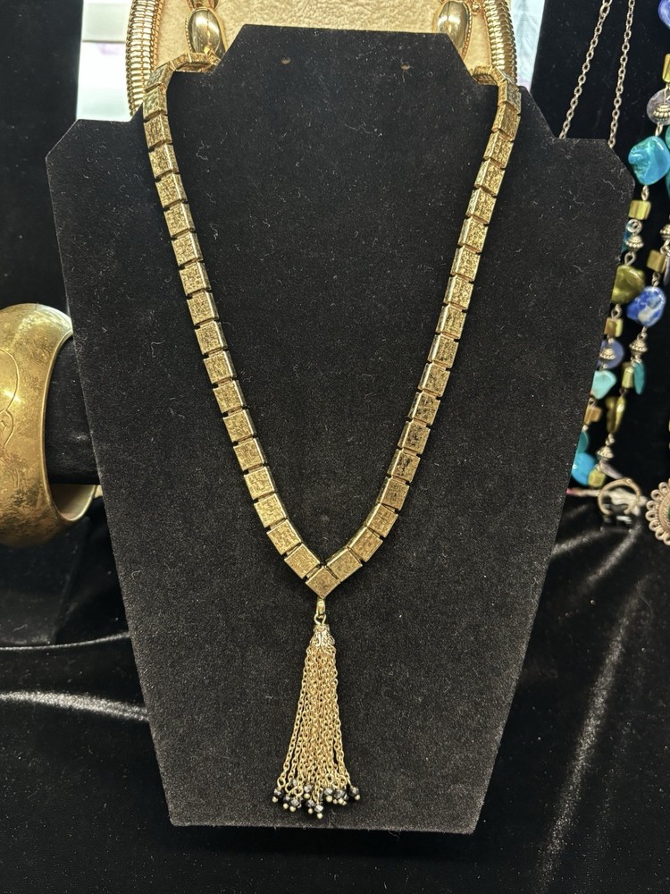 ⁠Vintage HOBE Gold Tone Necklace Block Links Tassel Drop Egyptian Modernist 70s⁠
