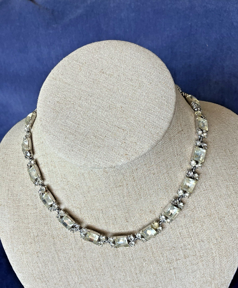 VTG 15.5″ Choker Collar Necklace Silver Tone Clear Rhinestone Chain Hook