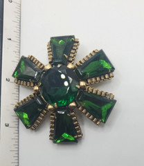 Vintage CZECH Glass Deep Green Brilliant & Tapered Baguette Rhinestone Brooch