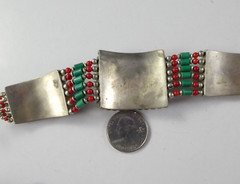 Southwestern Metal & Beaded Bracelet Coral Turquoise Lapis Silver Plated Heavy