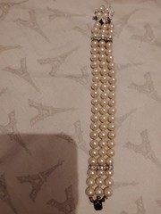 Vintage Three Strand Faux Pearl Bracelet Ornate Crystal Accented Box Clasp