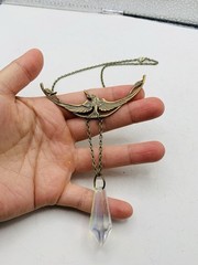 Vintage Style Art Nouveau Oxidized Brass Crane Bird w/ Rainbow Bead Necklace