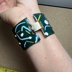 Vintage MCM Bracelet Enamel on Copper 1.75″ Wide 4 Panel Modern Green Artisan