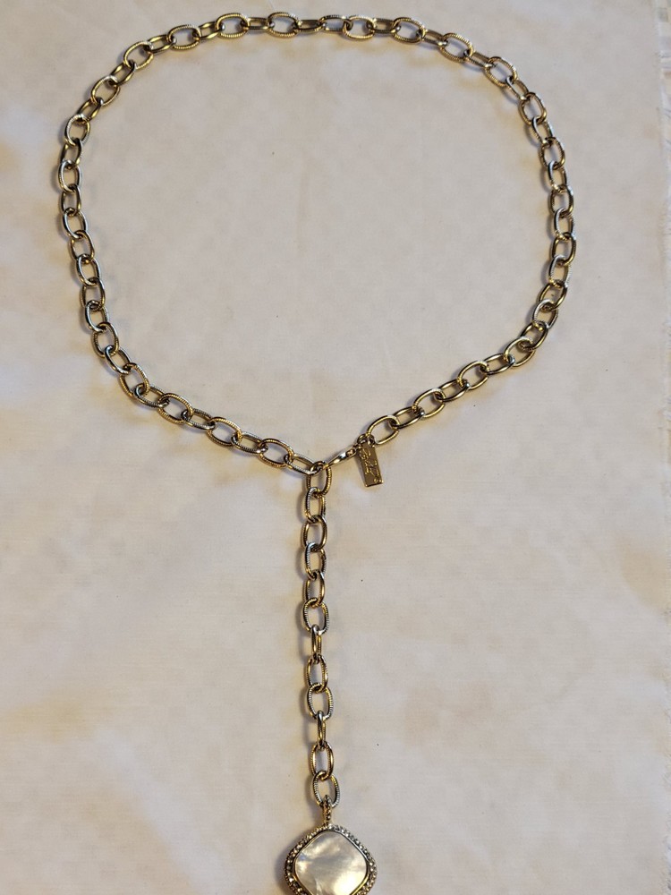 Vtg Goldette Lariat Gold-Tone Necklace w Mother-of-Pearl Pendant