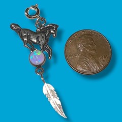 925 Sterling Silver Blue Fire Opal Horse Feather Clip-On Charm Pendant