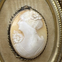Vintage Oval Shell Cameo Portrait in Brass Ornate Filigree Frame Beige White
