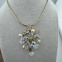 Vintage AB Glass Crystal & Clear Rhinestone Dangle Pendant Brooch &Gold Necklace