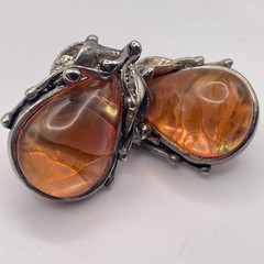 Vintage Brutalist Amber & Iridescent Aurora Borealis Resin Clip Earring Set 4pc