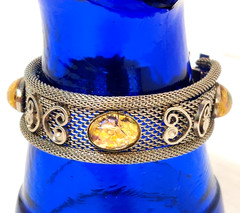 Metal Mesh Bracelet Lucite Foil Faux-Opal Cabochons Silvertone Vintage 60s